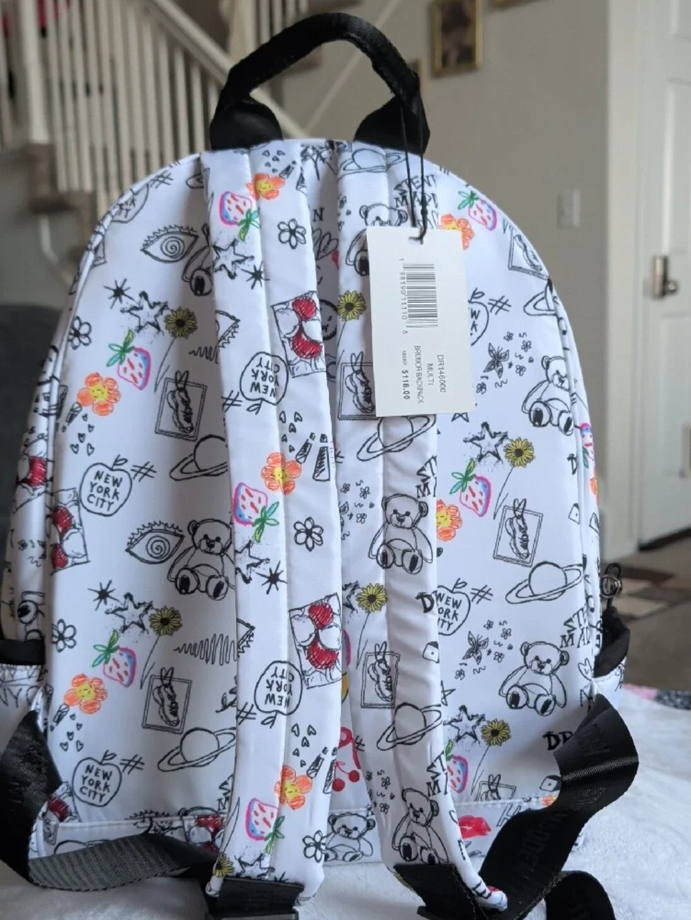 Steve Madden Kids White Doodle Backpack with Multicolor Accents